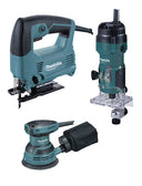 Set herramientas eléctricas Makita MT: Sierra de calar 450W + Fresadora 530W + Lijadora Rotorbital 230W PRK00185