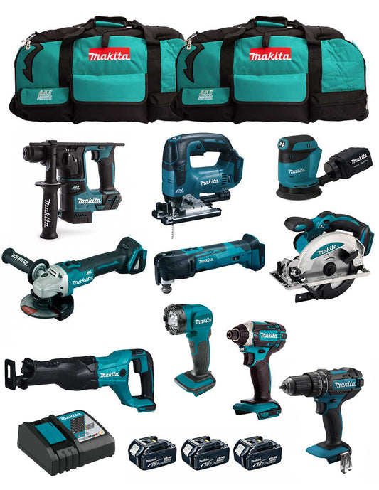 Makita kit with 10 tools + 3 bat + charger + 2 bags DLX1071BL3