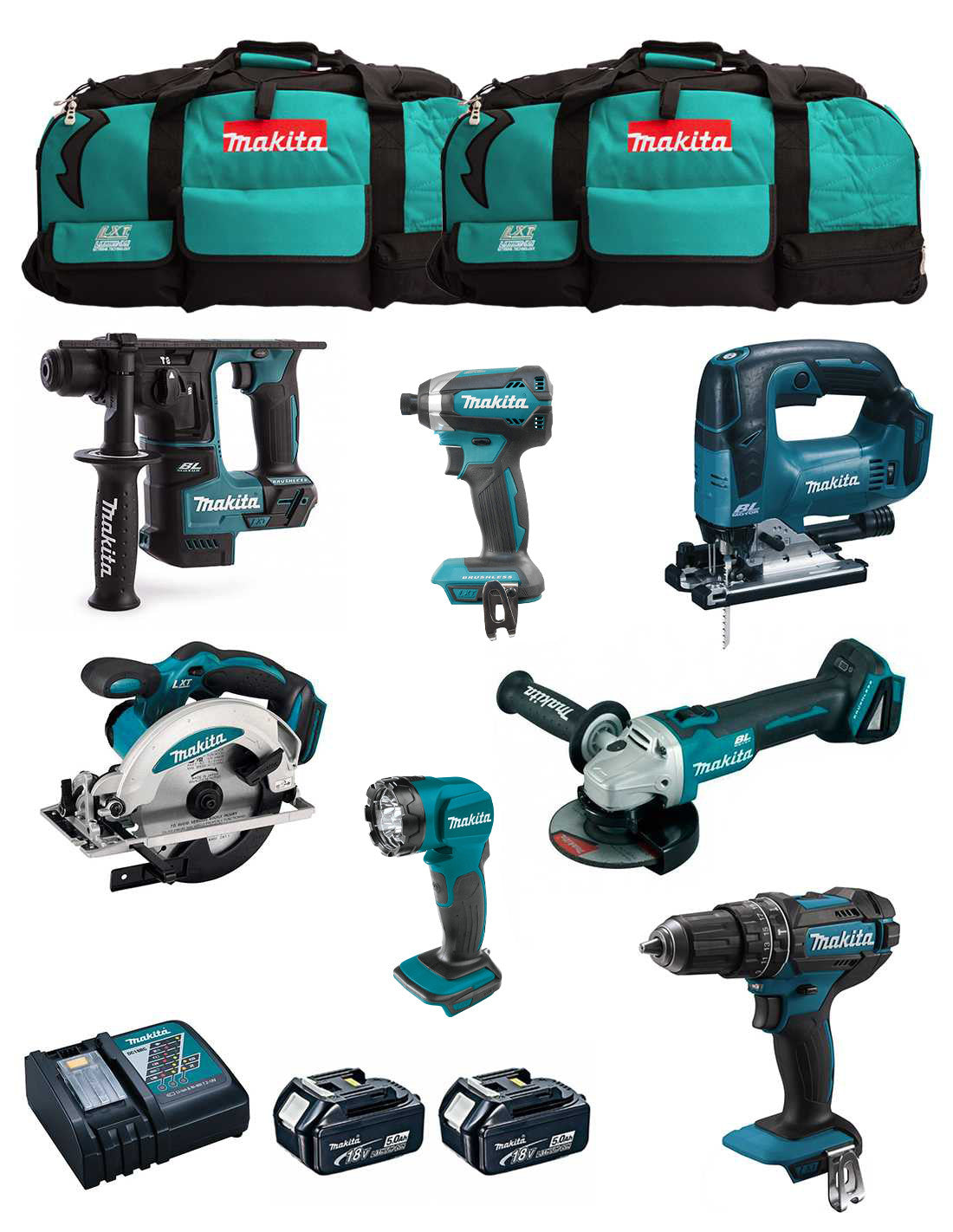 Makita kit 7 tools + 2bat 5Ah + charger + 2 bags LXT600 DLX7815BL2