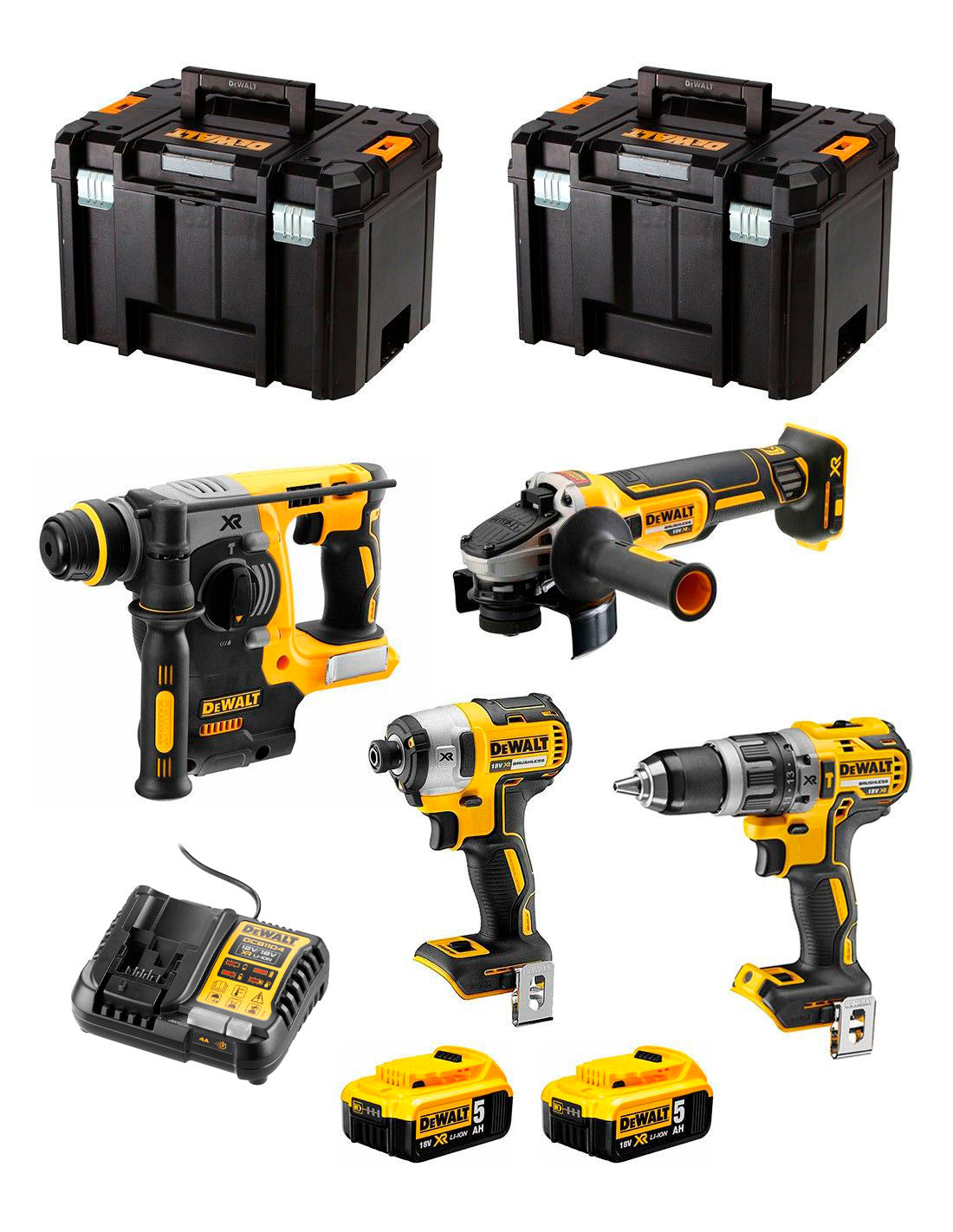 Kit Dewalt con 4 Herramientas + 2bat 5Ah + cargador + 2xTSTAK VI DCK487P2