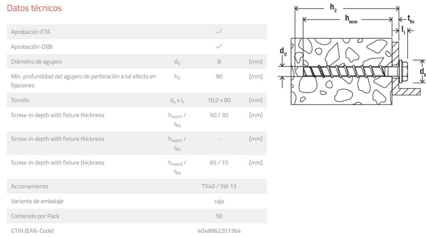 Caja 4 uds tornillo de hormigon UltraCut FBS II 8 x 80 30/15 US TX Fischer FISCHER - 8