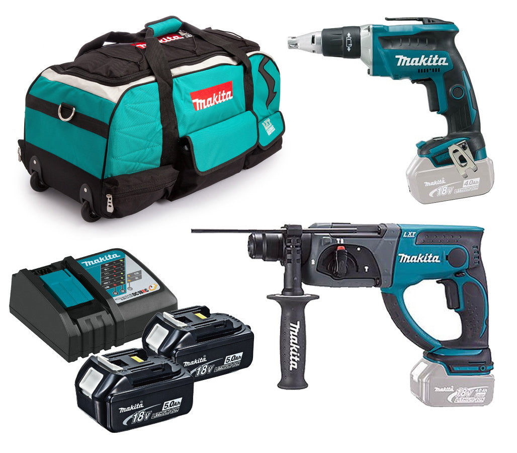 Makita 18V Plasterboard Combo: Pladur DFS452 Screwdriver + DHR202 Light Hammer + 2 5.0Ah batteries + bag