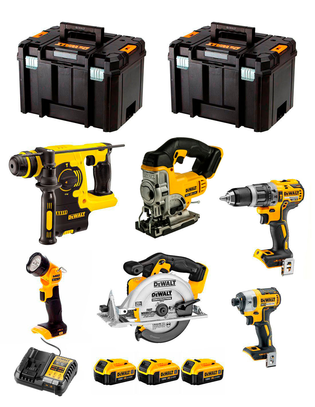 Dewalt kit with 6 tools + 3bat 5Ah + charger + 2xTSTAK VI DCK653P3