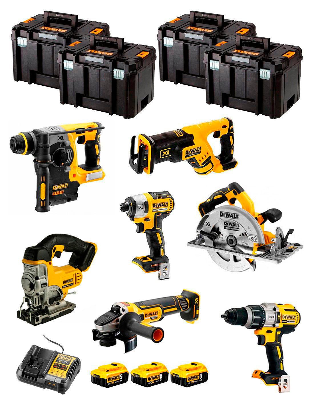 Dewalt Kit 7 tools + 3 bat 5ah + Charger DCB1104 + 4xTstak VI Kit DCK767P3