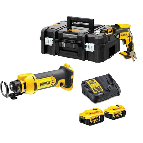 Plasterboard Combo: DCE555N Plaster Saw + Dewalt DCF620NT Pladur Screwdriver + 2 5Ah Batteries + Charger