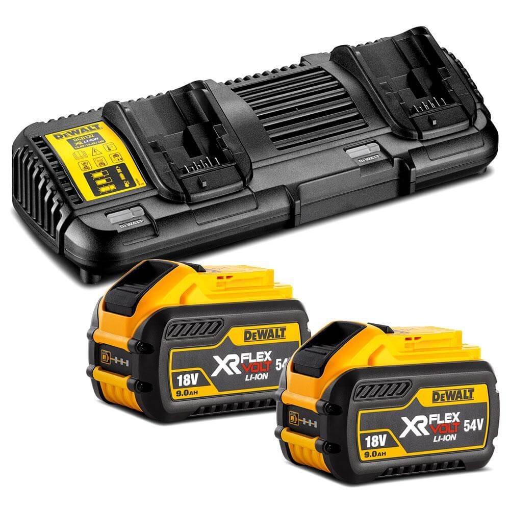 Kit of 2 XR Flexvolt 54V/18V 9.0Ah Rail Batteries and Double XR Flexvolt DCB132X2 Charger for Dewalt