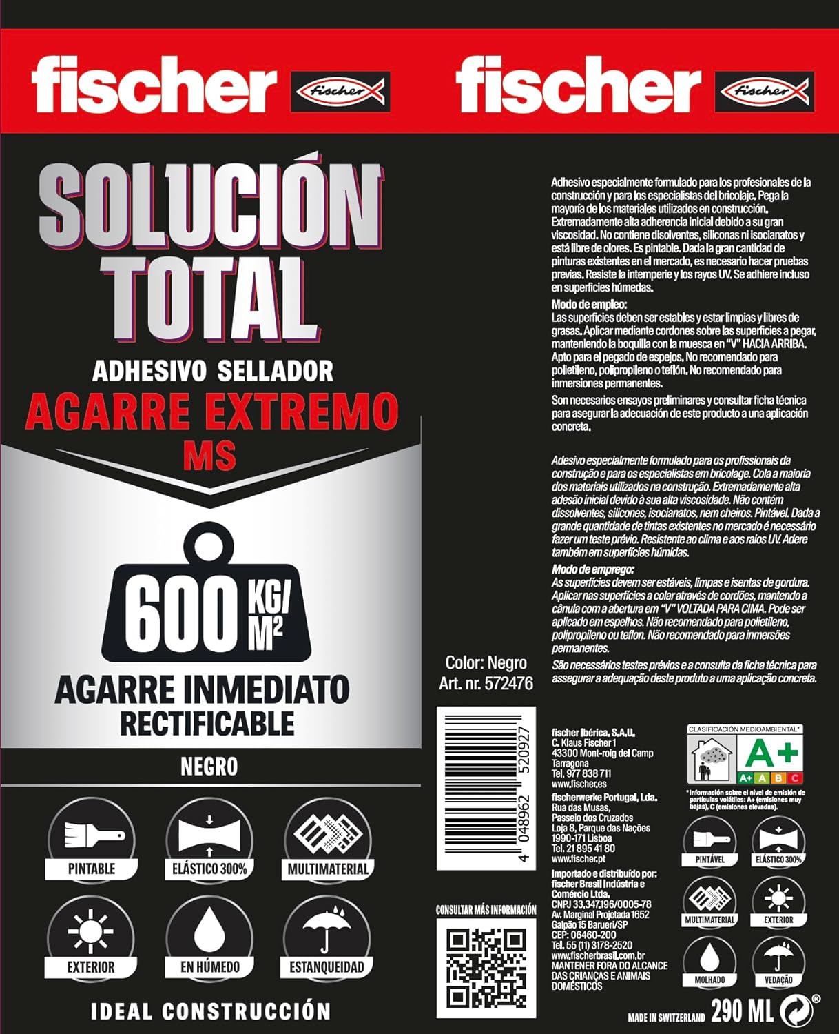 Cartucho Adhesivo Sellador Fischer Solucion Total Agarre Extremo MS 290ml Negro