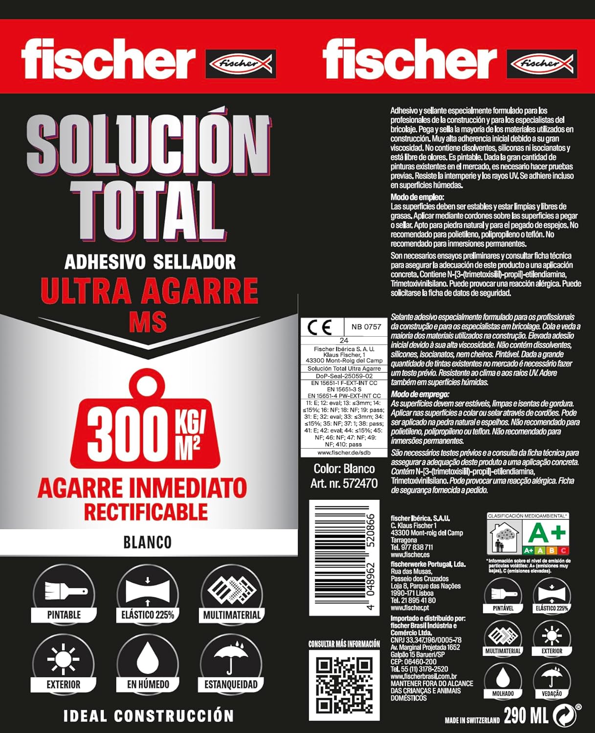 Cartucho Adhesivo Sellador Fischer Solucion Total Ulta Agarre MS 290ml