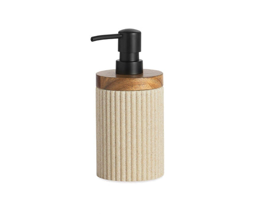 Beige Bathroom Dispenser, Polyresin and Acacia Wood, Ø8×18 cm, Andrea House