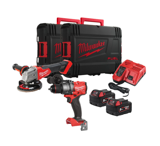 Powerpack Hammer drill + Grinder + 2bat 5Ah + Milwaukee charger with 2 M18 cases FPP2E3-502X