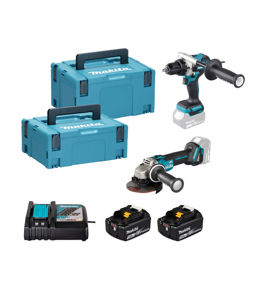 Makita DLX2552TJ 18V Combo Kit: Drill DHP492 + Grinder DGA504 + 2 x 5Ah Batteries + Charger + Carrying Case