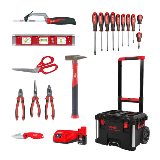 Conjunto especial con herramientas manuales + cargador + bateria + baúl con ruedas Milwaukee